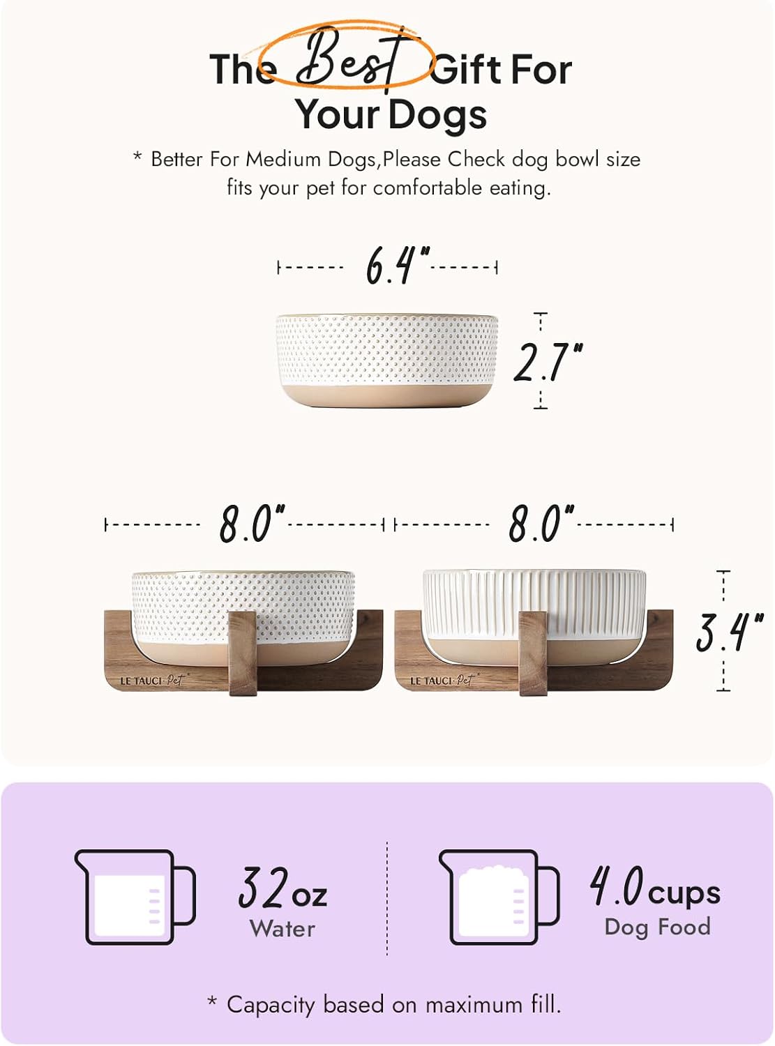 Ceramic Dog Bowls for Medium Small Dogs - 4 Cup Medium Dog Food and Water Bowls with Wood Stand, Cute Pet Dishes Set of 2, Lines+Dot