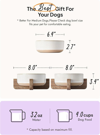 Ceramic Dog Bowls for Medium Small Dogs - 4 Cup Medium Dog Food and Water Bowls with Wood Stand, Cute Pet Dishes Set of 2, Lines+Dot