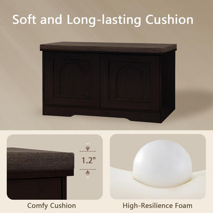 DINZI LVJ Shoe Bench, Entryway Storage Bench with Doors, Cushion, 2-Tier Shoe Rack with 6-Cubby, 31.5”L x 13.8”W Shoe Organizer Cabinet, Adjustable Shelf, Living Room, Bedroom, Espresso