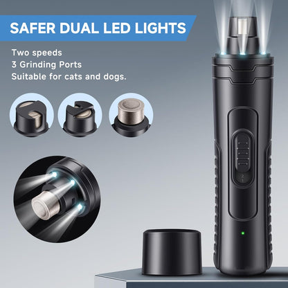 Dog Nail Grinder Quiet 2-Speed Pet Nail Grinder with 3 Led Lights and 3 Ports Rechargeable Electric Dog Nail Trimmer for Large and Small Dogs/Cats and Small Animals Safe (Black)