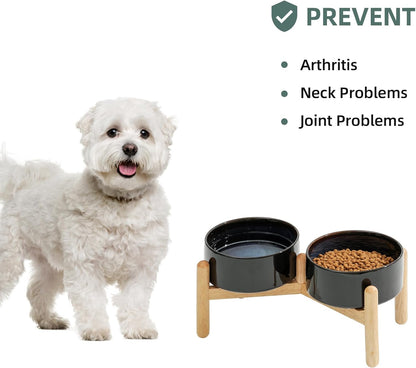 Ceramic 6.1inch Raised Dog Bowl with Stand for Small and Medium Breed Dog Dish Pet Food and Water Bowl (Double Bowl with Stand - Starry Sky, 28oz)