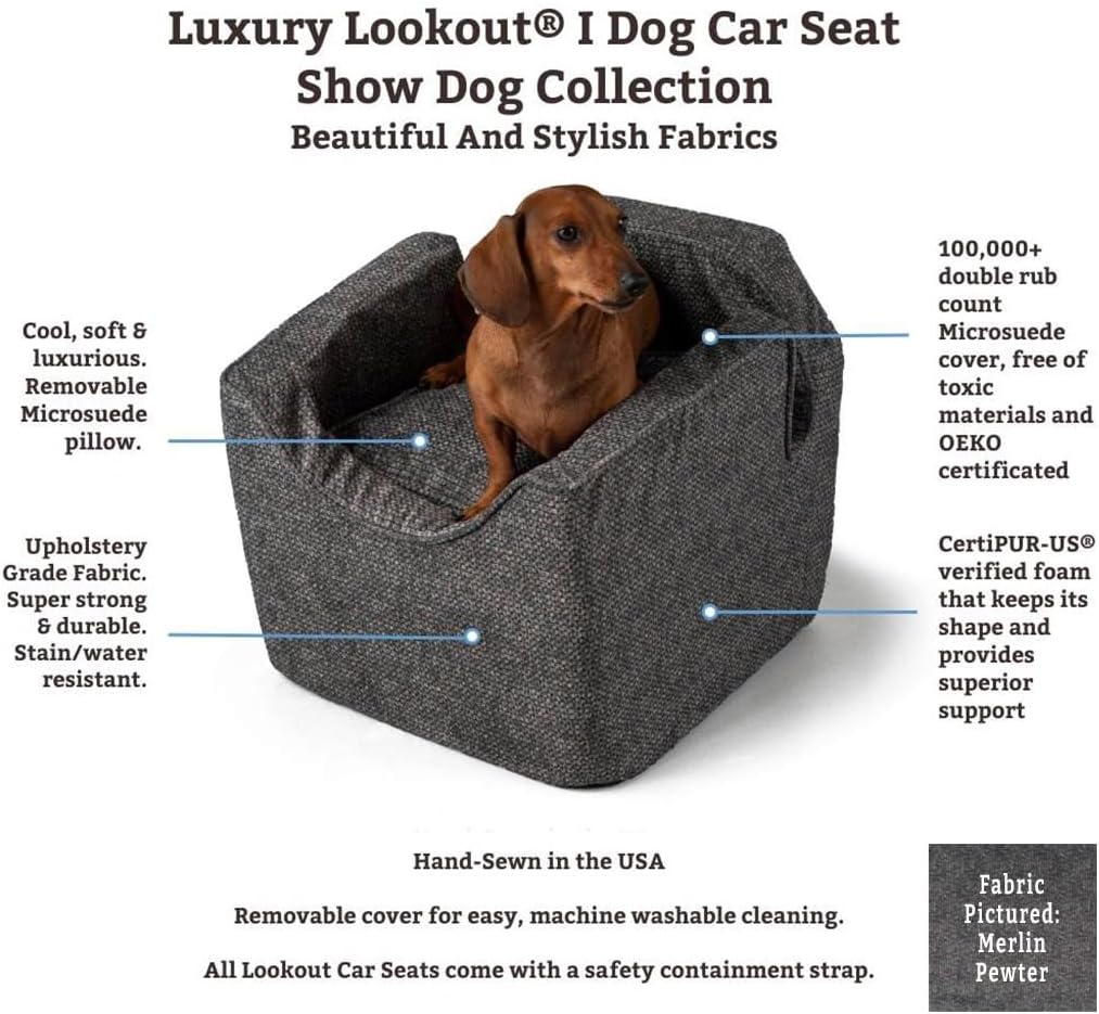 Snoozer Dog Car Seat, Lookout I Dog Booster Car Seat for Small Dogs Under 25lbs, Size: Medium, Fabric: Merlin Camel, Pet Car Seat to Alleviate Car Sickness for Dogs, Removable Machine Washable Cover