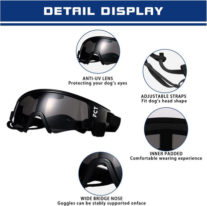 Dog Goggles for Small to Medium Breed, Dog Sunglasses UV Protection, Windproof & Anti-Fog, Puppy Sunglasses with Padded Frame and Adjustable Straps for Outdoor Riding, Driving（Black）