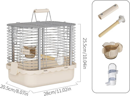 Bird Carrier Travel Cage, Durable Portable Stainless Steel Birdcage with Bird Perch & Feeding Bowl for Parrots Canaries Budgies Lovebirds Conures Cockatiels (Small Light Brown)