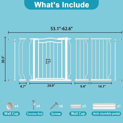 Extra Wide Baby Gate for Doorways 53.1"-62.6", Pressure Mounted Dog Gates With Door, Child Safety Barrier Walk Thru Indoor, Large Babygate Long for Kids Toddler Pet Outside, 30 In Tall White