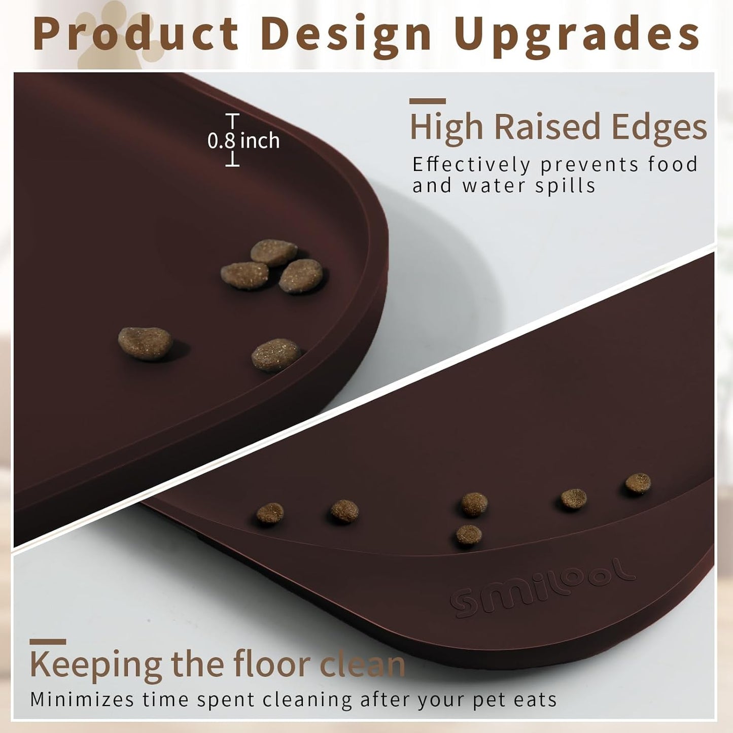 Silicone Pet Feeding Mat with Raised Edge & Residue Collection Pocket for Food and Water, Dog Bowl Mats, Cat Bowls Placemat with High Lip for Floor Waterproof, 22 x 14 x 0.8 Dark Brown