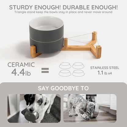SPUNKYJUNKY Ceramic Dog and Cat Bowl Set with Wooden Stand, Modern Cute Weighted Food Water Set for Small Size Dogs (13.5OZ) & Medium Sized Dogs (28.7OZ) & Cats (3.6 Cups, 2 × White-Grey)