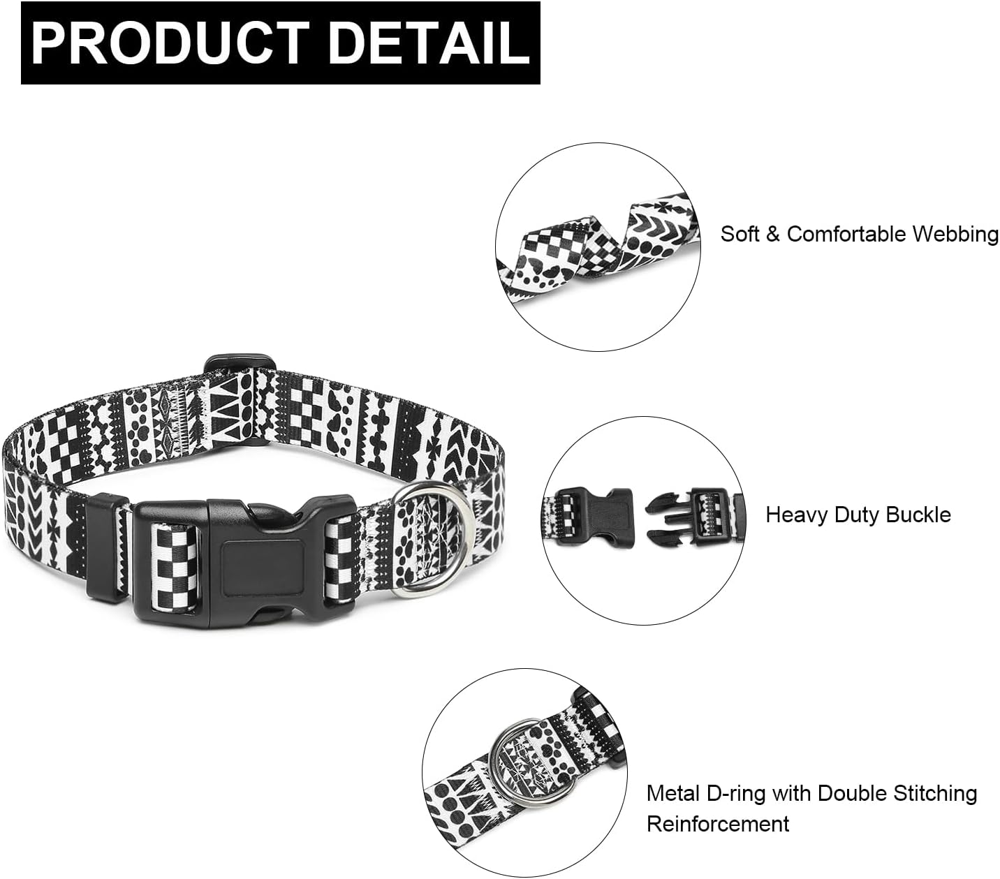 Mercano Adjustable Dog Collar - Special Design Patterns, Soft Nylon Comfortable Durable Pet Collar for Small Medium Large Dogs (S, Black White A)