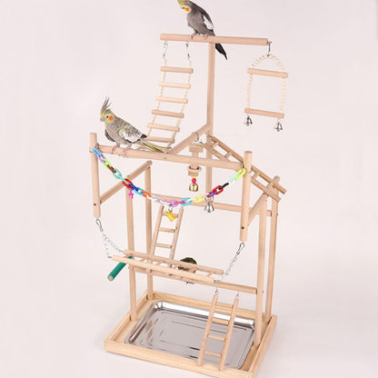 Pet Parrot Playstand Parrots Bird Playground Bird Play Stand Wood Perch Gym Playpen Ladder with Feeder Cups Bells Swing for Cockatiel Parakeet Random Color