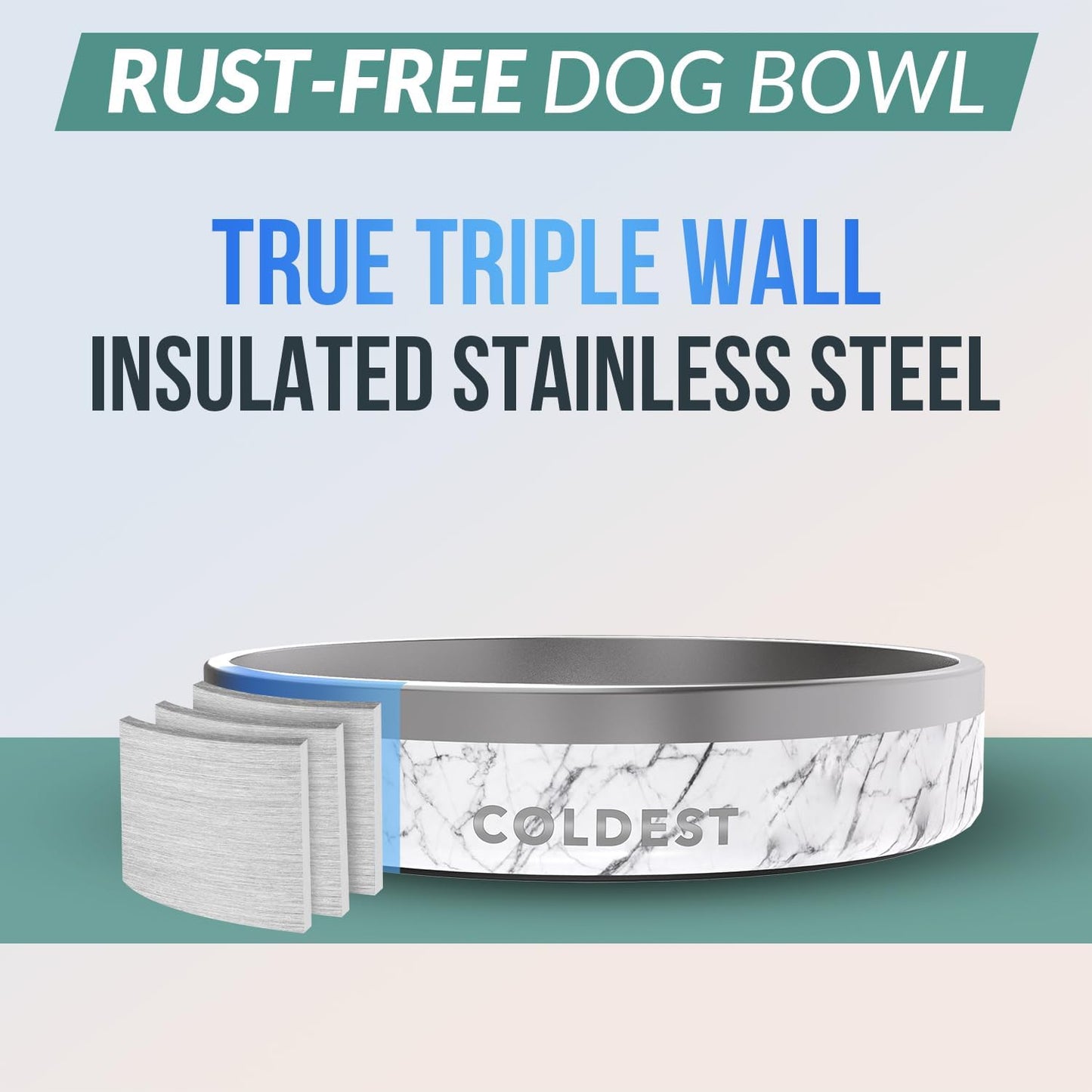 Coldest Dog Bowl - Anti Rust Metal, Non Slip, 3 Layers Insulated Stainless Steel Dog Bowls - Spill Proof & Heavy Duty - Water Bowl for Dogs, Cats & Pets, Dish Washer Safe (21 oz, Carrara Marble)