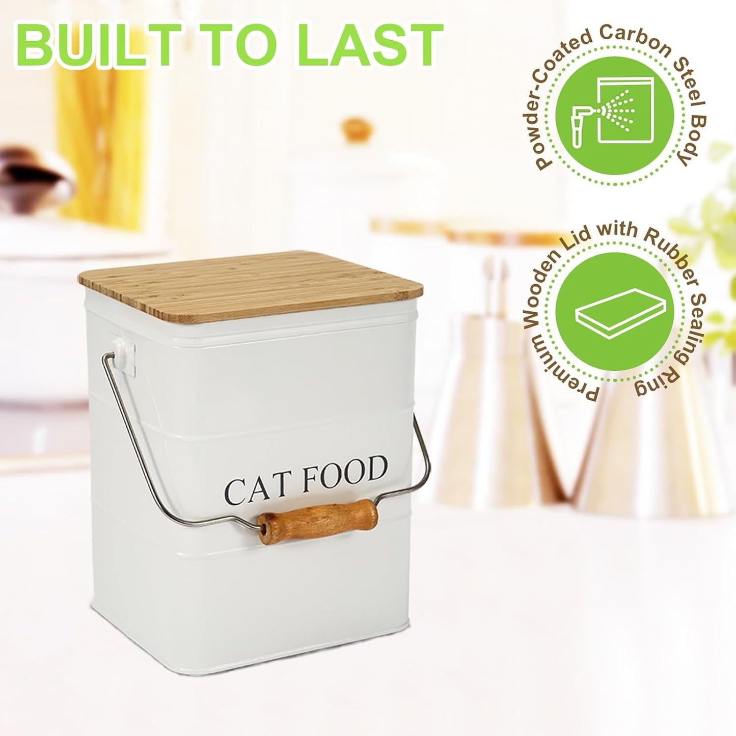 Cat Food storage container Cat Treats Jar,5~6 lb Metal food treats tin for Cat, pet snacks Canisters with wooden lid/handle/sevice scoop-White