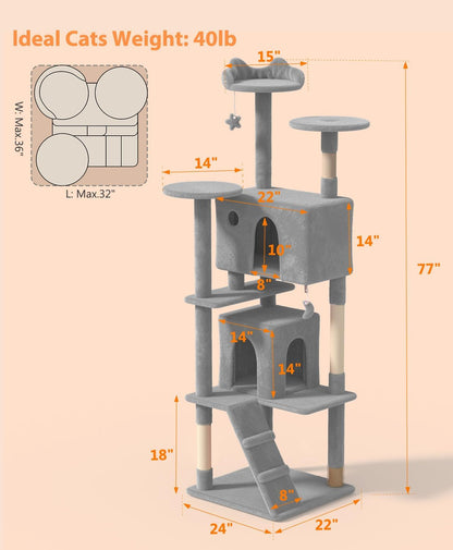 77'' Cat tree Tower for Indoor Cats Large Adult,Cute/Tall Modern Cat Tree for Big Cats 20 lbs,Plush Multi-Level Cat Condo with Scratching Posts,Dangling Ball for fun play(Light Gray, 77 inch)