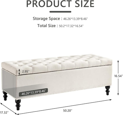 Ottoman with Storage,50.2-inch Upholstered End of Bed Storage Bench for Bedroom,for The Living Room,for Entryway, with Button and Safety Hinges,Detachable (White)