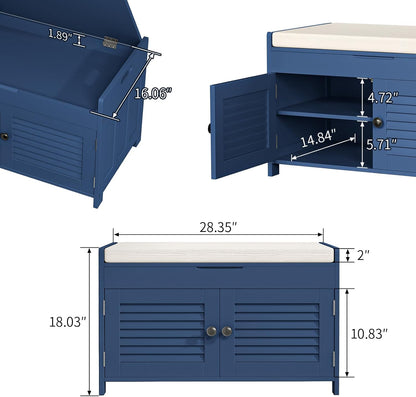 Shoe Storage Bench with Lift Top Storage, Entryway Bench with Cushioned Seat, Adjustable Shelf, 2 Tier Shoe Rack with Doors for Entryway, Bedroom, Hallway, Mudroom, Blue
