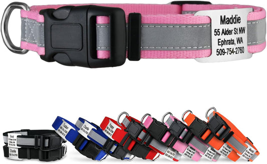 GoTags Reflective Personalized Dog Collar with Nameplate, Adjustable Dog Collar with Custom Engraved Steel Slide On Pet ID Tag, Silent, No Noise Dog Tag for Large Medium or Small (Pink, Medium)