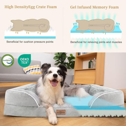 Comfort Expression Memory Foam Dog Beds Large Sized, Orthopedic Dogs Beds Washable, XL Dog Beds with Removable Cover, Waterproof Pet Sofa Couch with Bolster(X-Large,Light Grey)