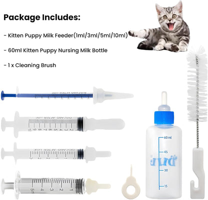 Kitten Bottle Feeding Kit 1ml 3ml 5ml 10ml 60ml - Kitten Puppy Milk Replacement Small Animals Waterer Feeder Newborn Puppy Bottles for Nursing