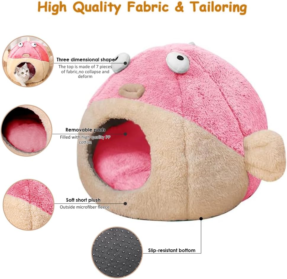 Cat Beds for Indoor Cats - Cat Bed Cave with Removable Washable Cushioned Pillow, Soft Plush Premium Cotton No Deformation Pet Bed, Lively Pufferfish Cat House Design, Pink, Multiple Sizes(M)