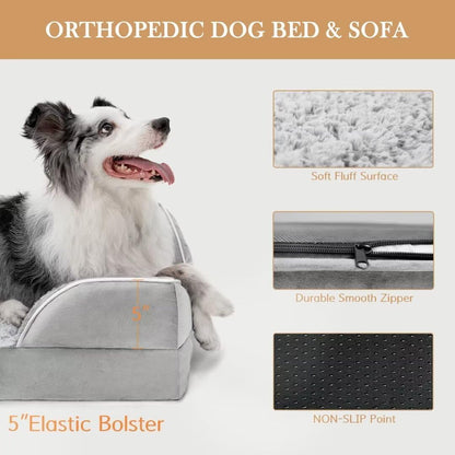 Comfort Expression XL Dog Beds Waterproof, Orthopedic Foam Dog Beds Large Sized, Bolster Dogs Beds Washable Pet Sofa with Removable Cover & Non-Slip Bottom(X-Large,Grey White)