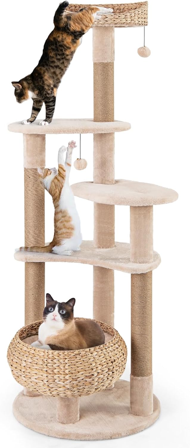 PETSITE 65 inch Cattail Cat Tree Tower, Multi-Level Cat Tower with Natural Jute Scratching Posts, Cat Bed, Top Perch, Dangling Balls and Jumping Platforms, Modern Tall Cat Tree for Indoor Cats