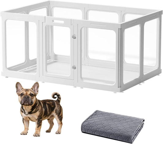 Acrylic Dog Playpen-Clear Dog Play Pen Indoor for Puppy-24”H 10Panels Transparent Pet Fence for Small Animals Rabbit Cat Ferret Whelping Crate Enclosure Cage Kennel with Easy Assembly