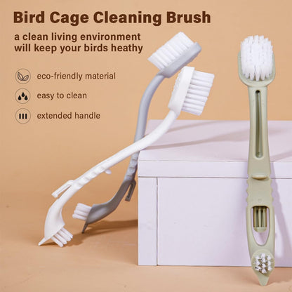 MANON ROSA Bird Cage Cleaner with Two Brush Heads Long Handle Tool for Cleaning Bird Parrot Cages Kennels Perches