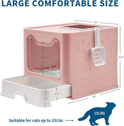Cat Litter Box with Litter Mat and Scoop, Large Foldable Litter Box with Lid, Front Entry Top Exit Kitty Box, Odor Control, Easy to Clean (Pink)