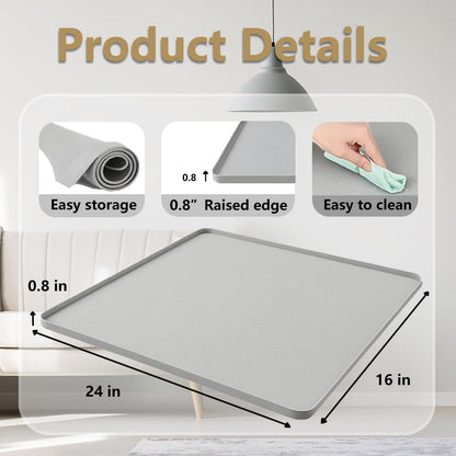 Waterproof Silicone Mat with Raised Edges 24x16 Inch, Water Cooler Mat & Countertop Protector for Hardwood Floors, Non-Slip Kitchen Appliance Pad for Pets Cats Dogs Feeding Bowls, Easy to Clean (Gray）