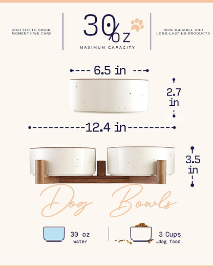 Getstar Ceramic Dog Bowls with Acacia Wood Stand, 30 fl oz, Set of 2, Dog Food Bowl with Colored Rim