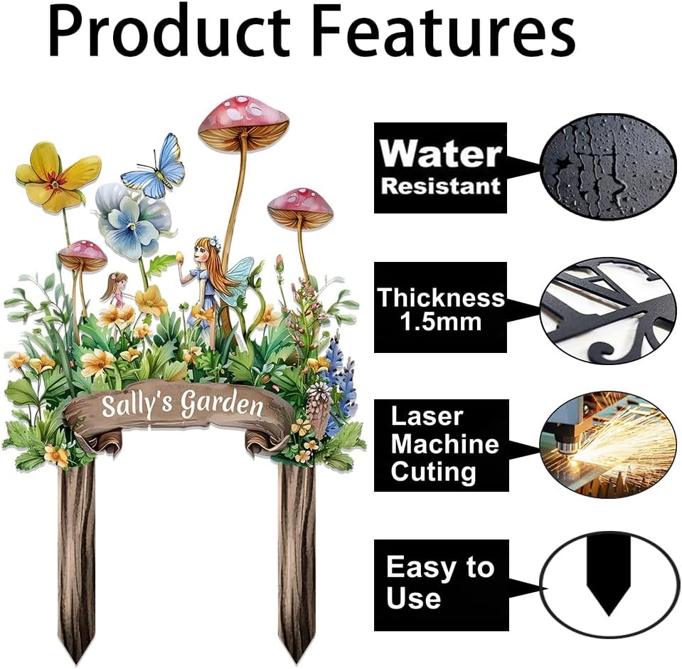 Personalized Cute Fairy Metal Sign with Stake,Custom Gardener Family Name Signs Outdoor Decor,Customized Butterfly Gardening Gifts for Mother,Flowers Plaques Decorate for Garden Patio Lawn Porch Yard