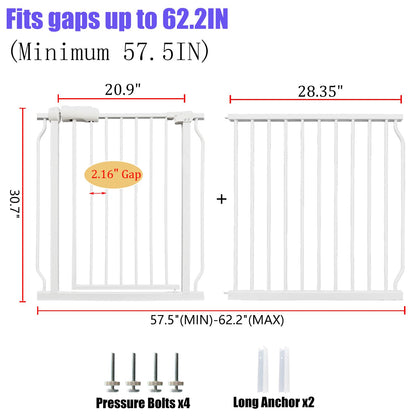 Extra Wide Baby Gates 57.5-62 Inch, Large Metal Safety Gate for Stairs, Doorways - No Drilling, Pressure Mounted Pet Gates for Kids & Dogs