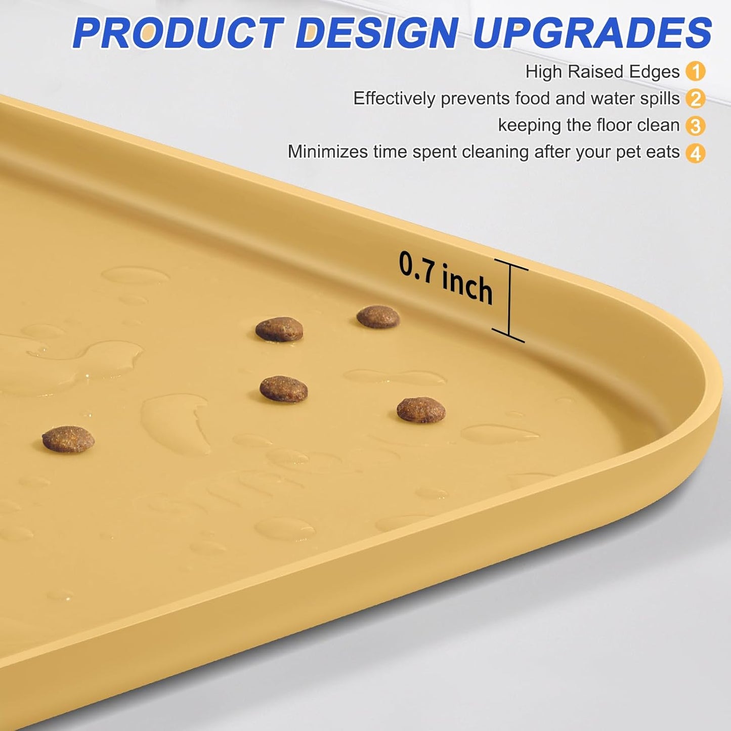 Silicone Pet Feeding Mat with Raised Edge for Food and Water, Dog Bowl Mats, Cat Bowls Placemat with High Lip for Floor Waterproof, Rubber Tray for Cats and Dogs 19 x 12 x0.7 Beige