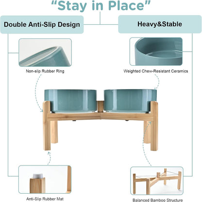 SPUNKYJUNKY Elevated Dog Bowls Ceramic, 7.3'' Dogs Food Water Bowls Raised with Non-Slip Bamboo Stand for Medium to Large Sized Breed Microwave Dishwasher Safe - 42 OZ,Dark Green