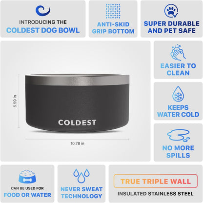 Coldest Dog Bowl - Anti Rust Metal, Non Slip, 3 Layers Insulated Stainless Steel Dog Bowls - Spill Proof & Heavy Duty - Water Bowl for Dogs, Cats & Pets, Dish Washer Safe (200 oz, Stealth Black)