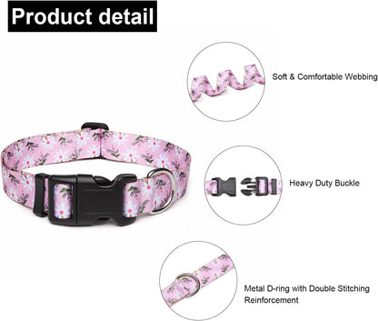 Mercano Adjustable Dog Collar - Special Design Patterns, Soft Nylon Comfortable Durable Pet Collar for Small Medium Large Dogs (L, Pink White Flower)