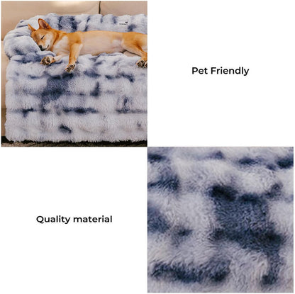 FUNNY FUZZY Pet Fluffy Fuzzy Calming Dog Couch Bed Sofa Protector Washable Pets Mat for Large Medium Small Dogs and Cats (Tie-dye Blue,37.4 × 33.46 × 6.3 in)