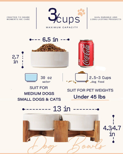 Getstar Ceramic Dog Bowls with Acacia Wood Stand, 30 fl oz, Set of 2, Dog Food Bowl, Cat Bowls (6.5 inches) (Vintage White)