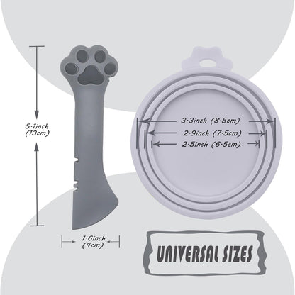Pet Food Can Spoon & 3 Pcs Can Covers | Cute Paw Shape Opener Spatula Cat Wet Food Spoon | Universal BPA Free Silicone Can Lids & Spoon for Dog Cat Cans(Grey)