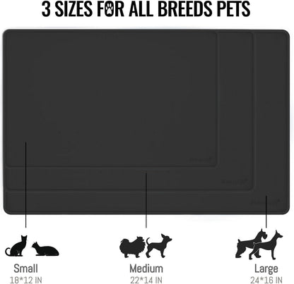 MateeyLife Dog & Cat Food Mat for Floors Waterproof, Nonslip Dog Bowl Mats for Food and Water, Dog Feeding Mats with Raised Edges, Silicone Cat & Dog Water Matt Tray for Messy Drinkers, 18"x12", Black