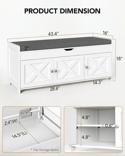 Amada Shoe Storage Bench, Entryway Bench with Cushioned Seat & Lift Top Storage, 3 Doors, Adjustable Shelf, 300 lbs Capacity, Bench with Shoe Rack for Entryway, Bedroom, Living Room, White