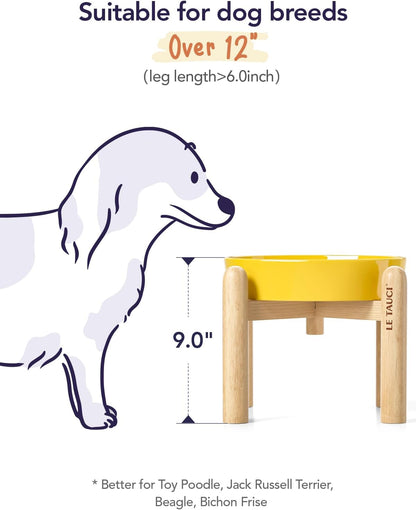 LE TAUCI Ceramic Slow Feeder Dog Bowls Elevated, 3 Cup Raised Bowl with Wooden Stand for Medium Large Breed, Slow Down Eating, Puzzle Dog Food Bowl, Star Yellow