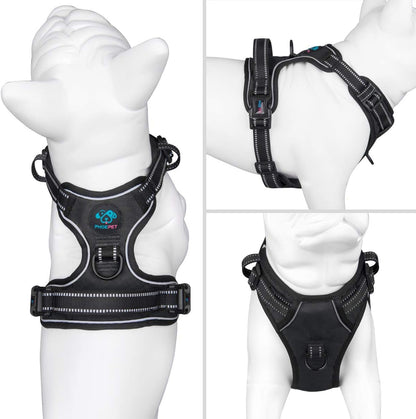 PHOEPET Reflective Dog Harness No Pull Large Breed Vest with 2 Metal Leash Attachment Hooks(XL, Black)