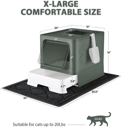 Cat Litter Box with X-Large Litter Mat and Scoop, Large Foldable Litter Box with Lid, Enclosed Kitty Box,Front Top Entry Exit, Odor Control Easy to Clean (Upgrade Olive Green)