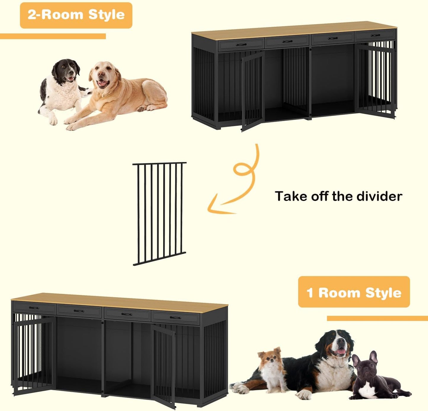 Extra Large Dog Crate with Double Rooms, 93" Heavy Duty Wooden Dog Cage Furniture Dog Crate Kennel w/Drawers & Removable Divider,Indoor Luxury Dog House for Large Dogs,Black