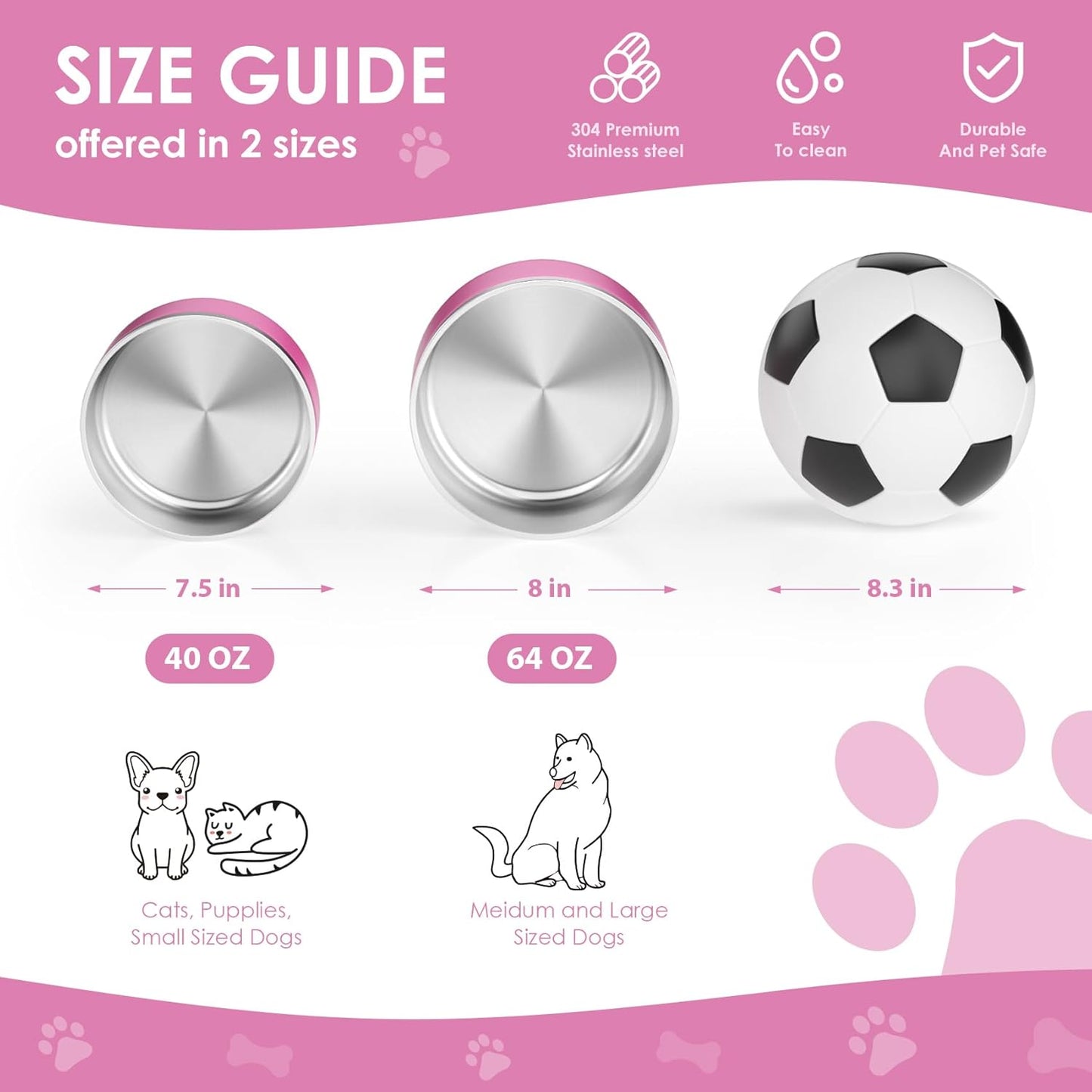 IKITCHEN Dog Bowl for Food and Water, 64 Oz Stainless Steel Pet Feeding Bowl, Durable Non-Skid Double Wall Insulated Heavy Duty with Rubber Bottom for Medium Large Dogs (64 Ounces/8 Cup, Pink)