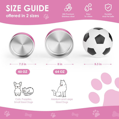 IKITCHEN Dog Bowl for Food and Water, 40 Oz Stainless Steel Pet Feeding Bowl, Durable Non-Skid Double Wall Insulated Heavy Duty with Rubber Bottom for Medium Large Dogs (40 Ounces/5 Cup, Pink)