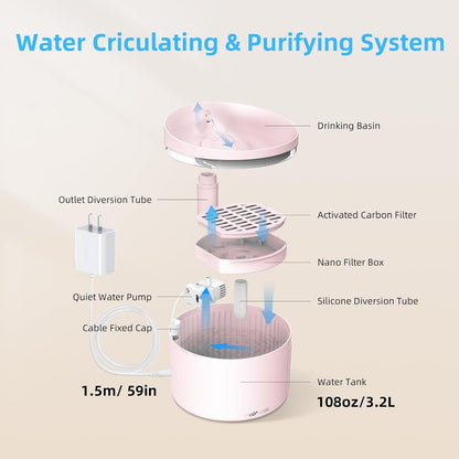 DOGNESS D06 Cat Water Fountain with Filter, Keep Water Fresh Automatic 3.2L Large Capacity Ultra Silent Removable Fresh Cat Water Dispenser for Dogs, Cats, Birds (3.2L Pink)