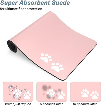 Rnivvi Dog Food Mat, 16" x 24" Footprint Absorbent Dog Cat Bowl Mat for Food and Water, Cute Anti-Slip Rubber Pet Feeding Rug Protect Floors, Puppy Placemat for Feeding & Watering Supplies, Pink