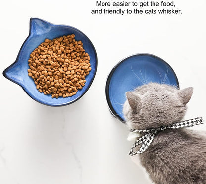 Nihow Elevated Cat/Dog Bowls Set : 6.2 Inch Ceramic Raised Cat Food & Water Bowl Set for Protecting Pet's Spine - Feeding & Watering Supplies for Cat/Small Size Dog - Elegant Blue & Black (2 PC)