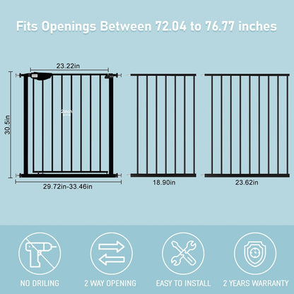 WAOWAO Triple Lock Baby Gate Extra Wide 72.04-76.77" Pressure Mounted Walk Through Swing Auto Close Safety Black Metal Dog Pet Puppy Cat for Stairs,Doorways,Kitchen